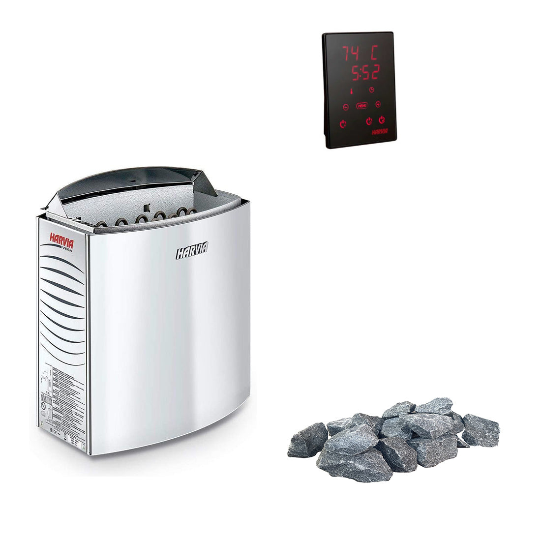 Harvia Vega E | Elektro Saunaofen Set mit Harvia CX110 Bedienfeld + 20 kg Saunasteine | 4,5 kW / 6 kW / 9 kW