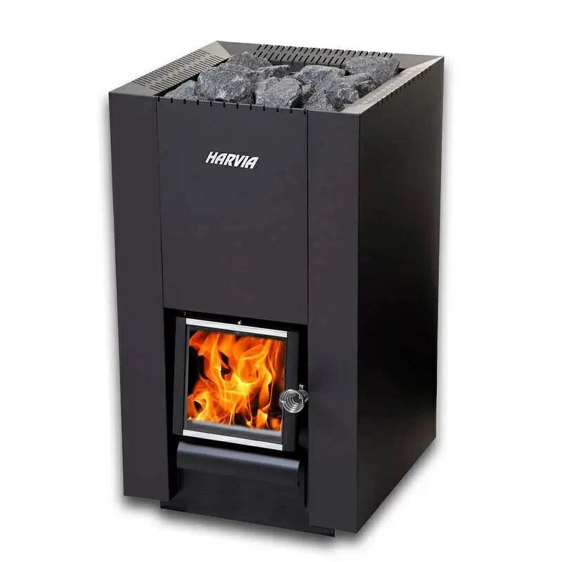 Harvia Linear 18 Compact | Saunaofen Holz Komplettset mit BimSchV Stufe 2 - inkl. Schornsteinset nach Wahl & 40 kg Saunastein | 14,3 kW